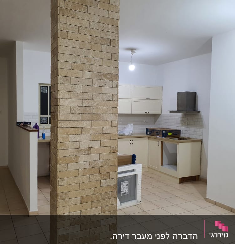 מטבח ריק עם ארונות פתוחים, ללא סימני הדברה.